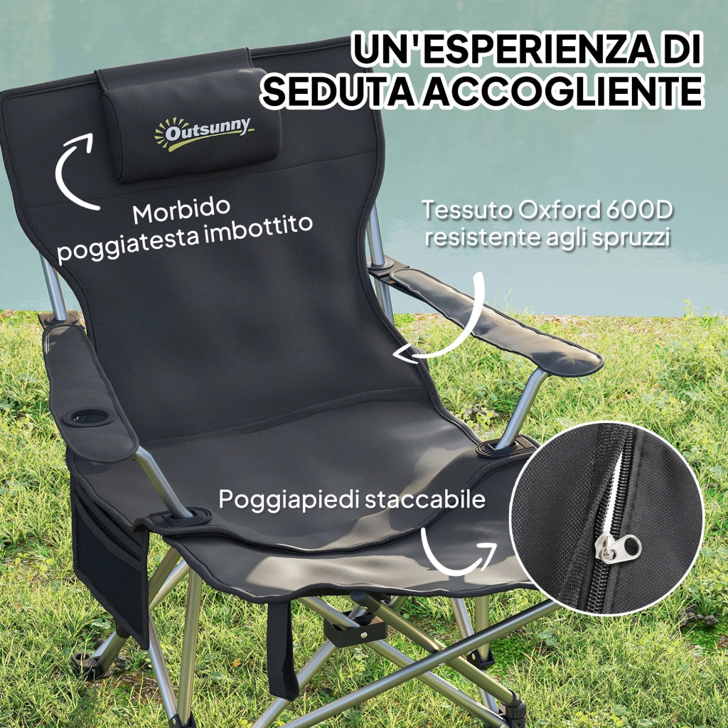 Sedia Pieghevole da Campeggio Reclinabile ¨C Xylo ¨C Con Poggiapiedi e Portabicchieri, Nero