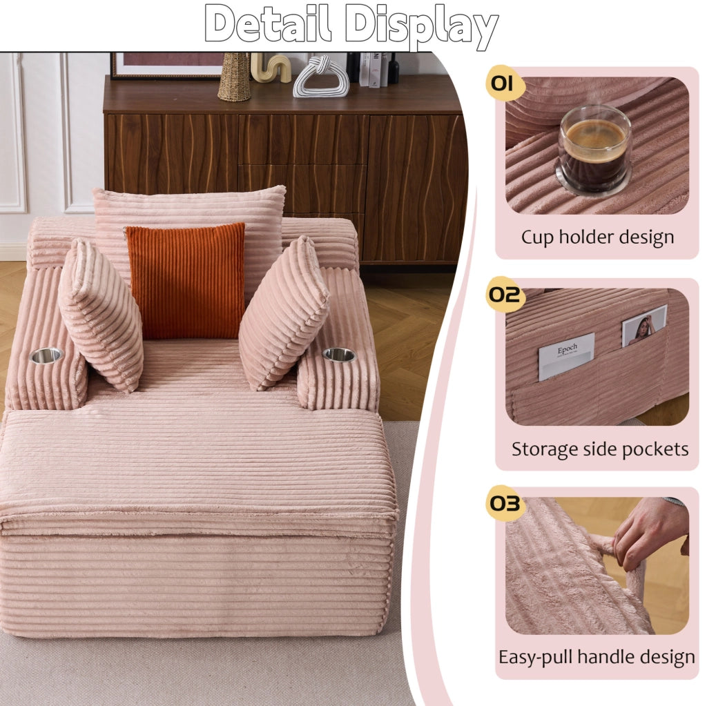 Divano letto moderno senza scheletro con chaise longue in velluto rosa, 3 cuscini e coperta inclusi, senza montaggio