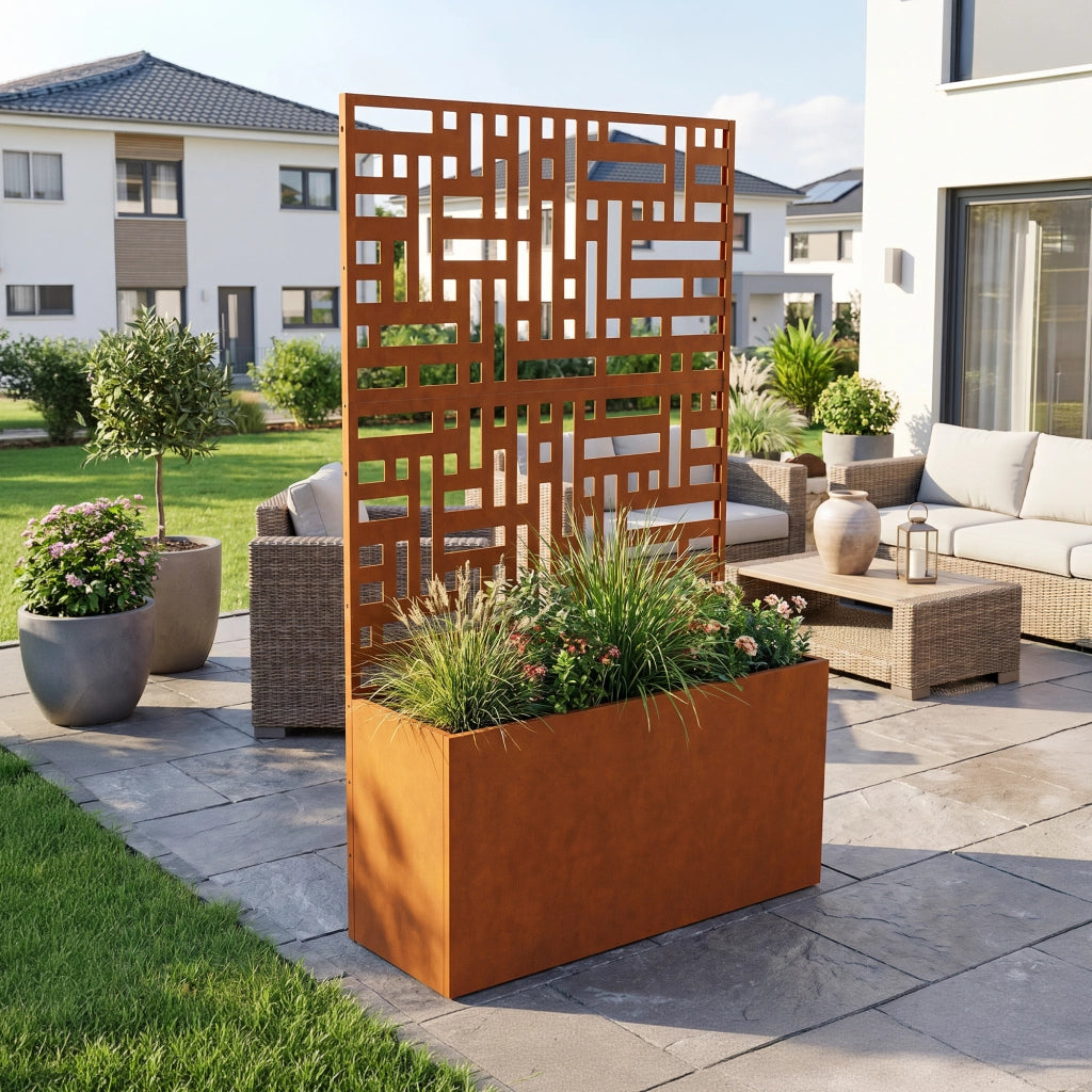 Fioriera con Spalliera Bernalda a 4 Rotelle 146 x 83 x 31 cm Acciaio Corten - Marrone Ossidato casa.pro