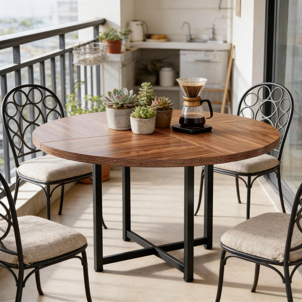 Tavolo da pranzo rotondo da 4 a 6 persone, stile industriale, in metallo e legno, nero e marrone, diametro 120 cm