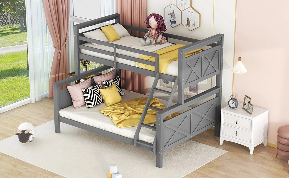 Letto a castello convertibile in due letti in legno di pino e MDF grigio con scala inclinata e sponde