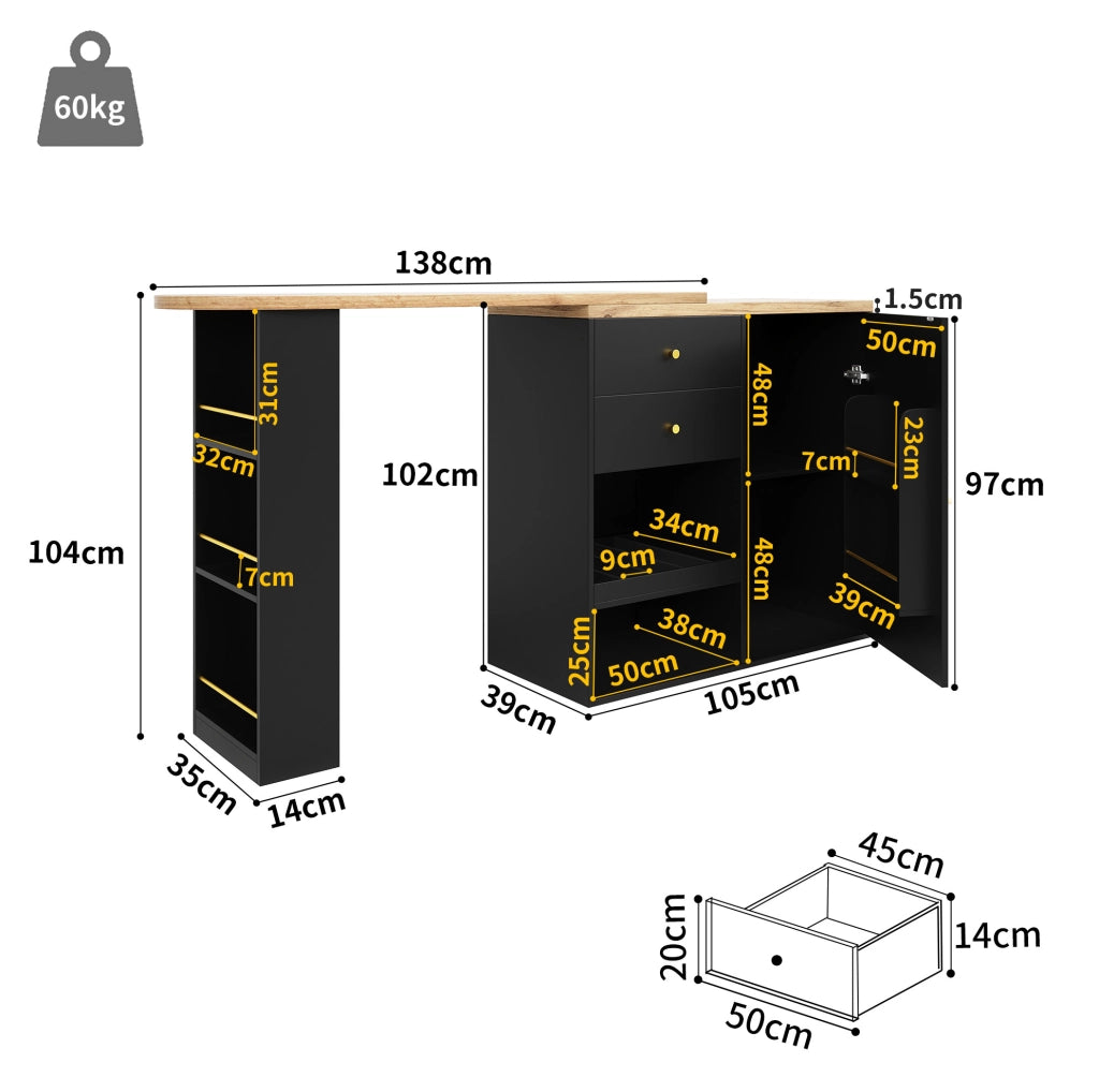 Mobile contenitore modulare girevole con 4 cassetti e ripiani in MDF nero 138x39 cm
