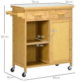 Carrello da cucina in bambù con cassetti, armadio, ripiani e ruote