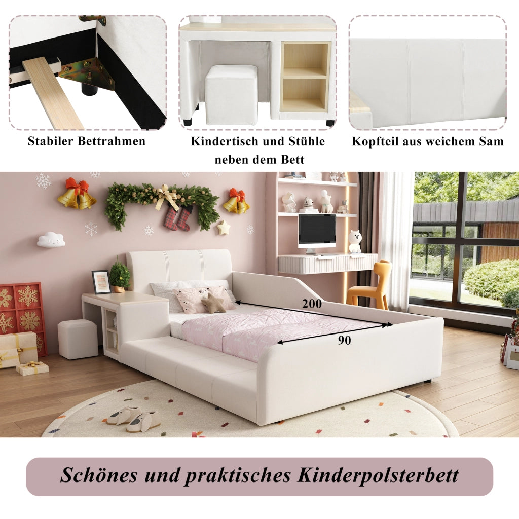 Letto per bambini singolo 90 × 200 cm con scrivania, sgabello e ripiano, senza materasso, in velluto bianco