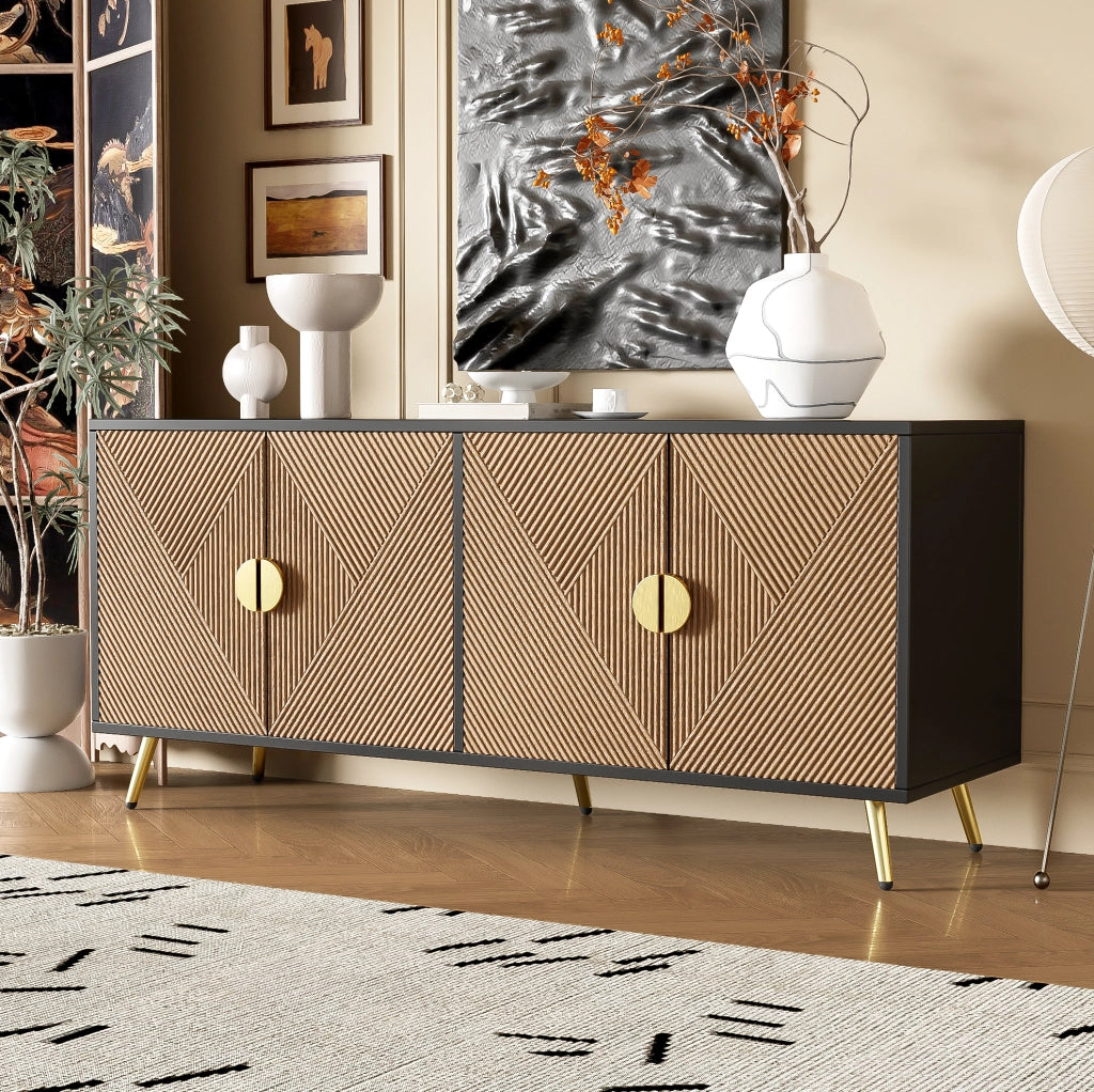 Sideboard 160 cm in MDF e PB con 4 porte, maniglie dorate spazzolate e gambe lucide oro