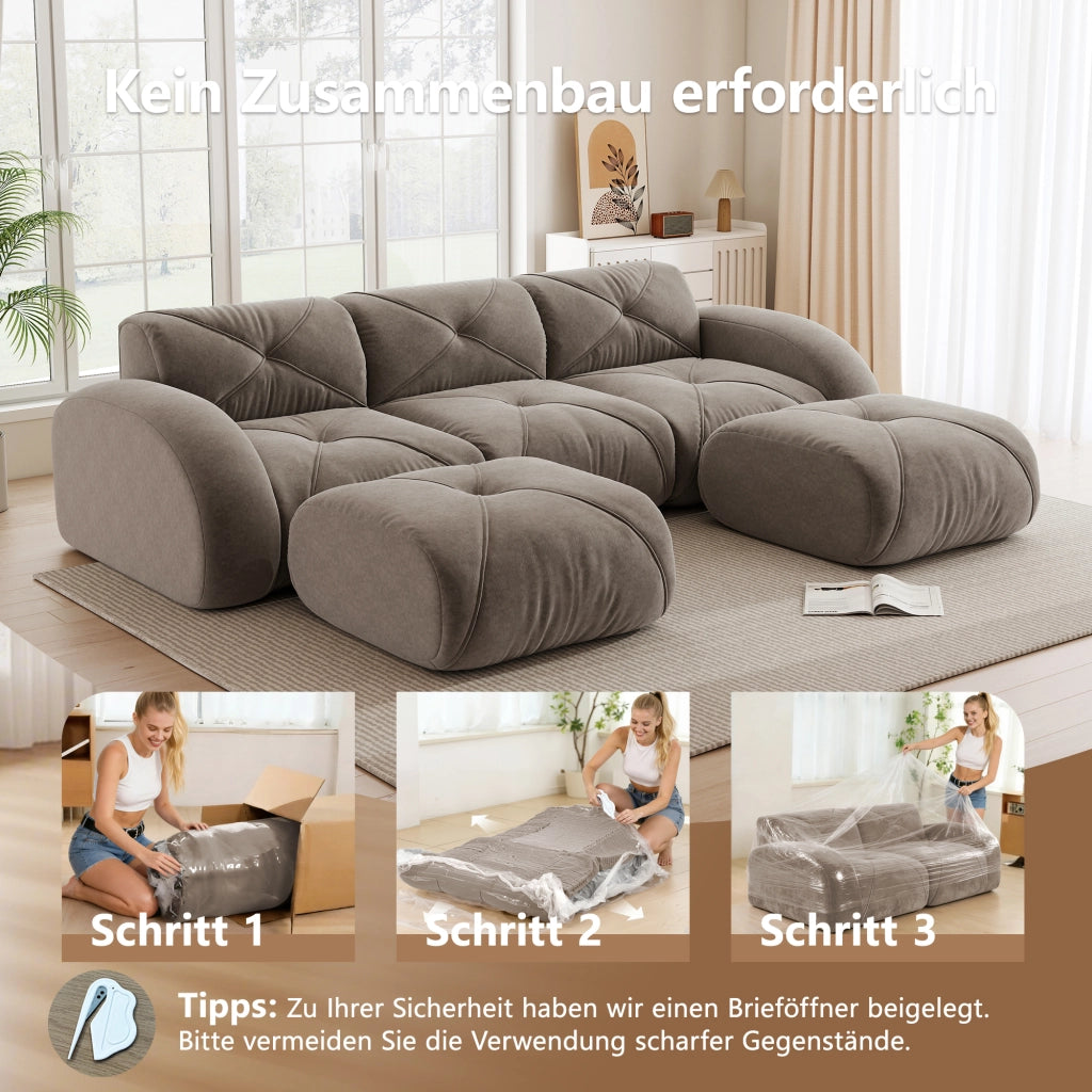 Divano modulare a U 3 posti con 2 pouf; struttura senza telaio; in chenille taupe; portata 200 kg per seduta