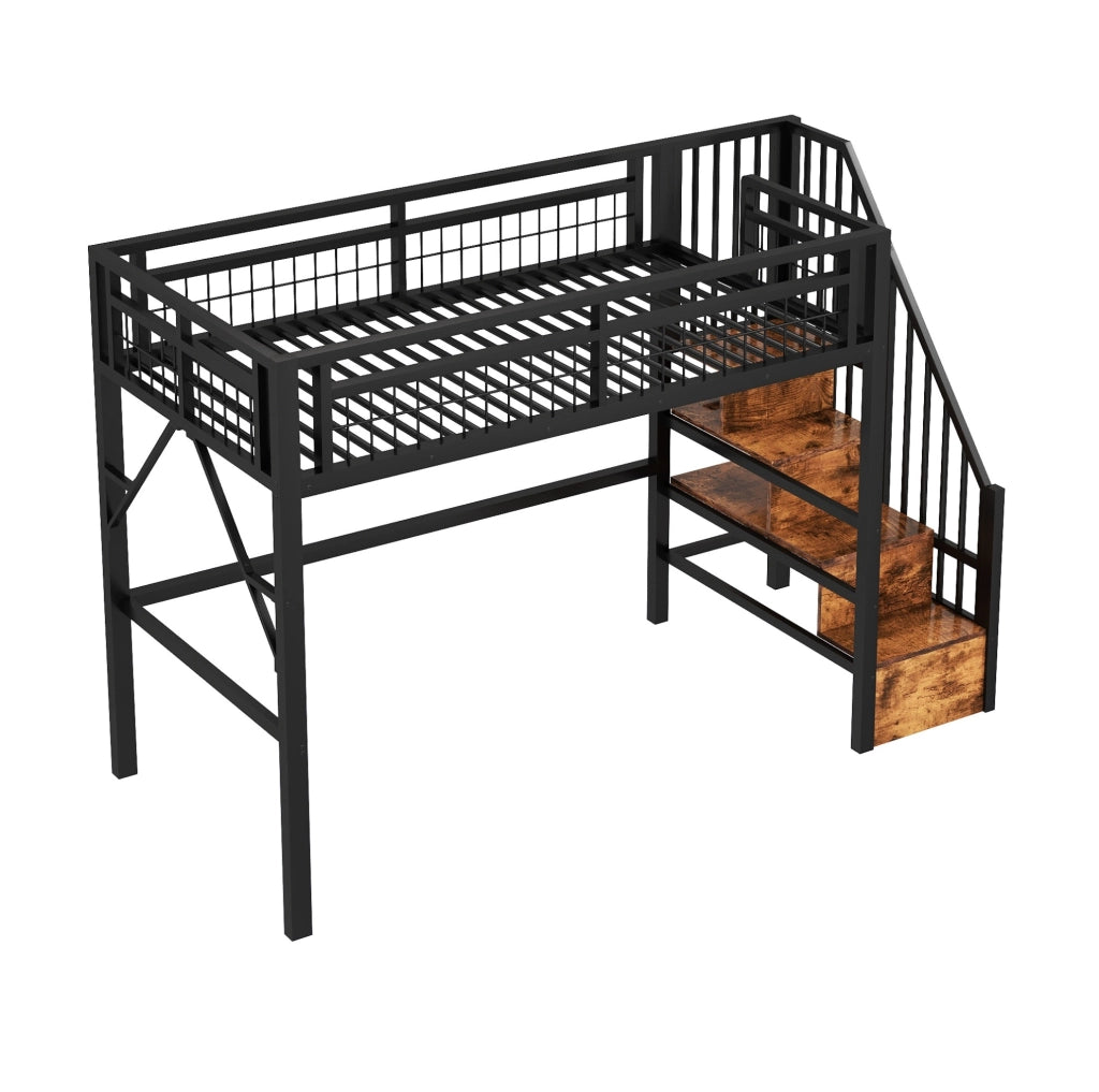 Letto a soppalco 90x200 cm con LED via app, scala contenitore in metallo e MDF nero
