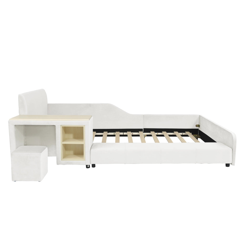 Letto per bambini singolo 90 × 200 cm con scrivania, sgabello e ripiano, senza materasso, in velluto bianco