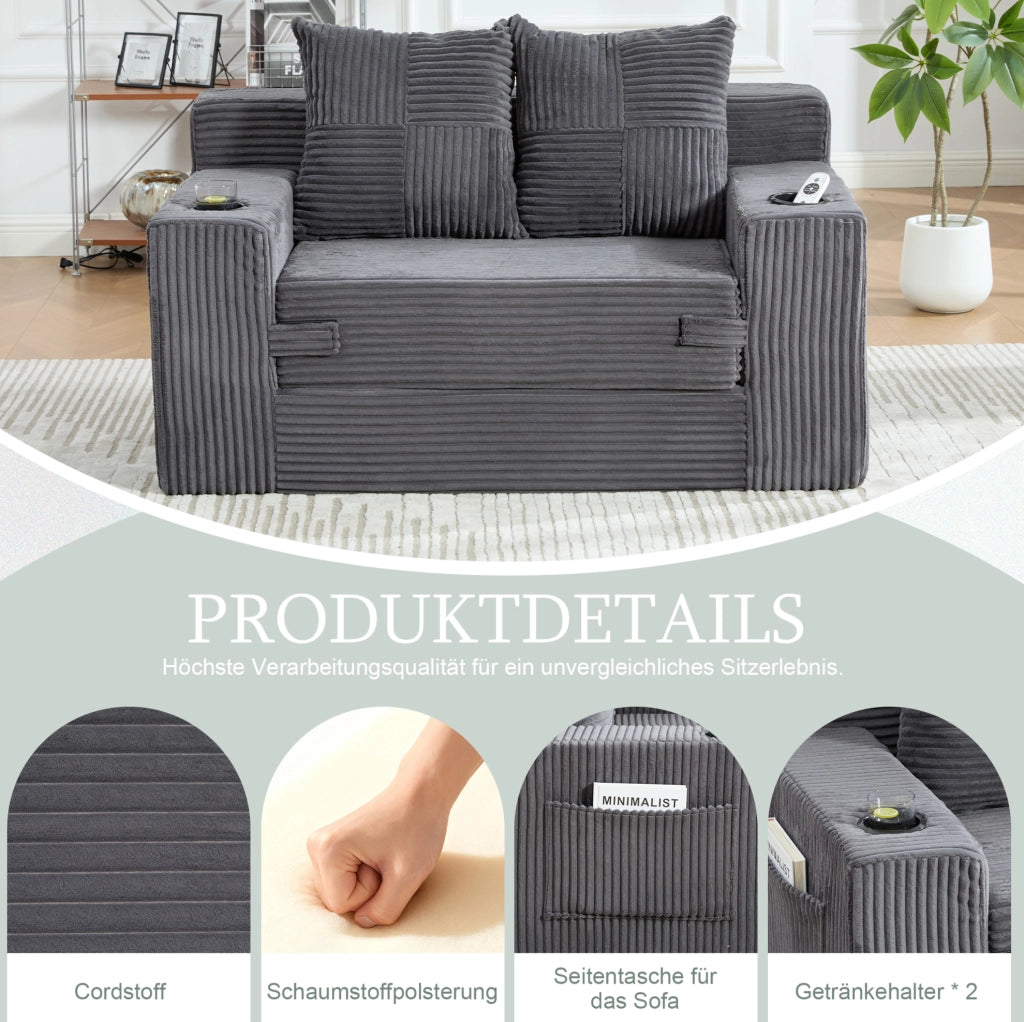 DIVANO Pouf 151x133 cm Velluto a coste Grigio con 2 cuscini e tasche laterali
