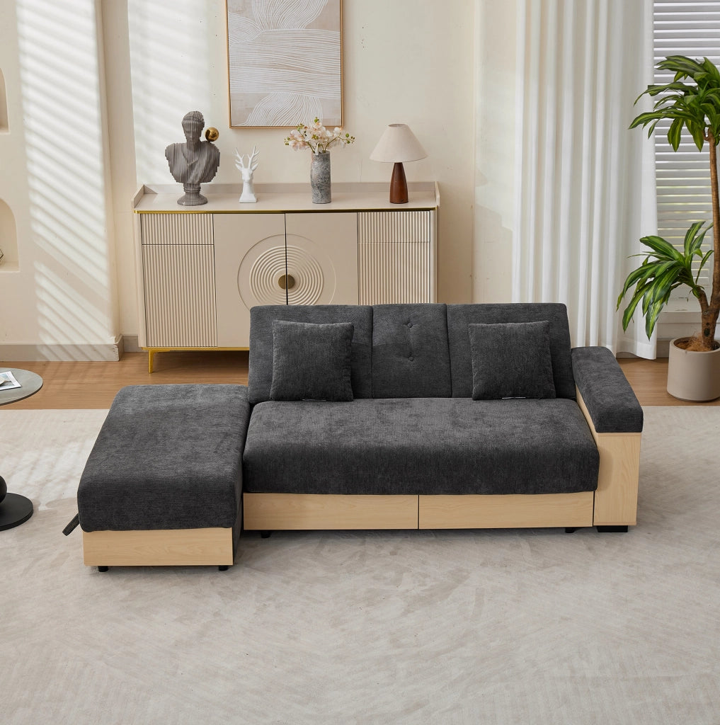 Divano letto grigio in chenille con contenitore e schienale regolabile