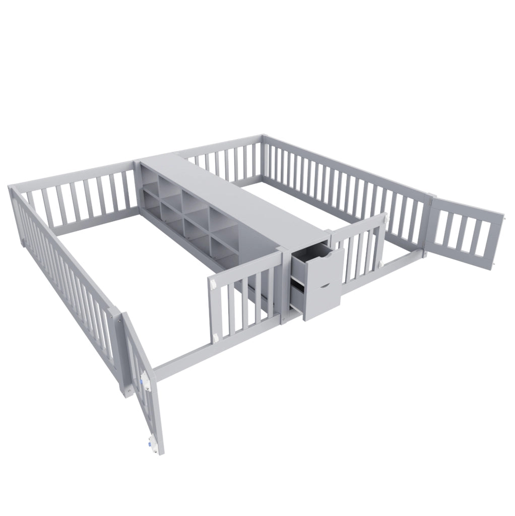 Letto doppio per bambini 90x200 cm con cassetti e ripiani in pino, compensato e MDF grigio