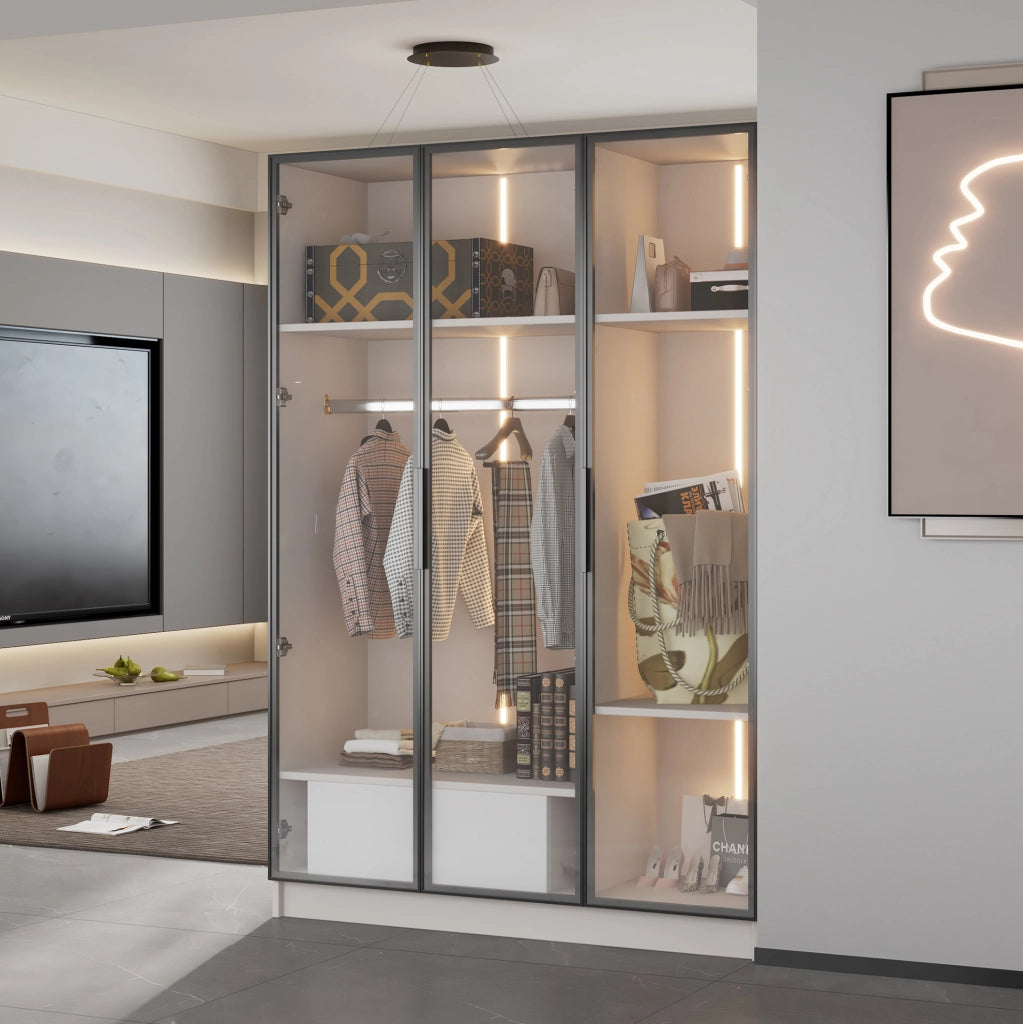 Armadio bianco spazioso con 3 ante in vetro, 1 cassetto, barra appendiabiti e luce LED - 110x50x160 cm