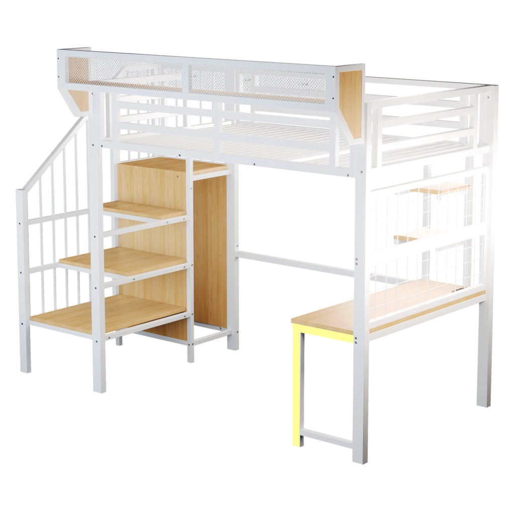 Letto a soppalco in metallo 90x200 cm con scrivania; scaffali; LED e prese; bianco