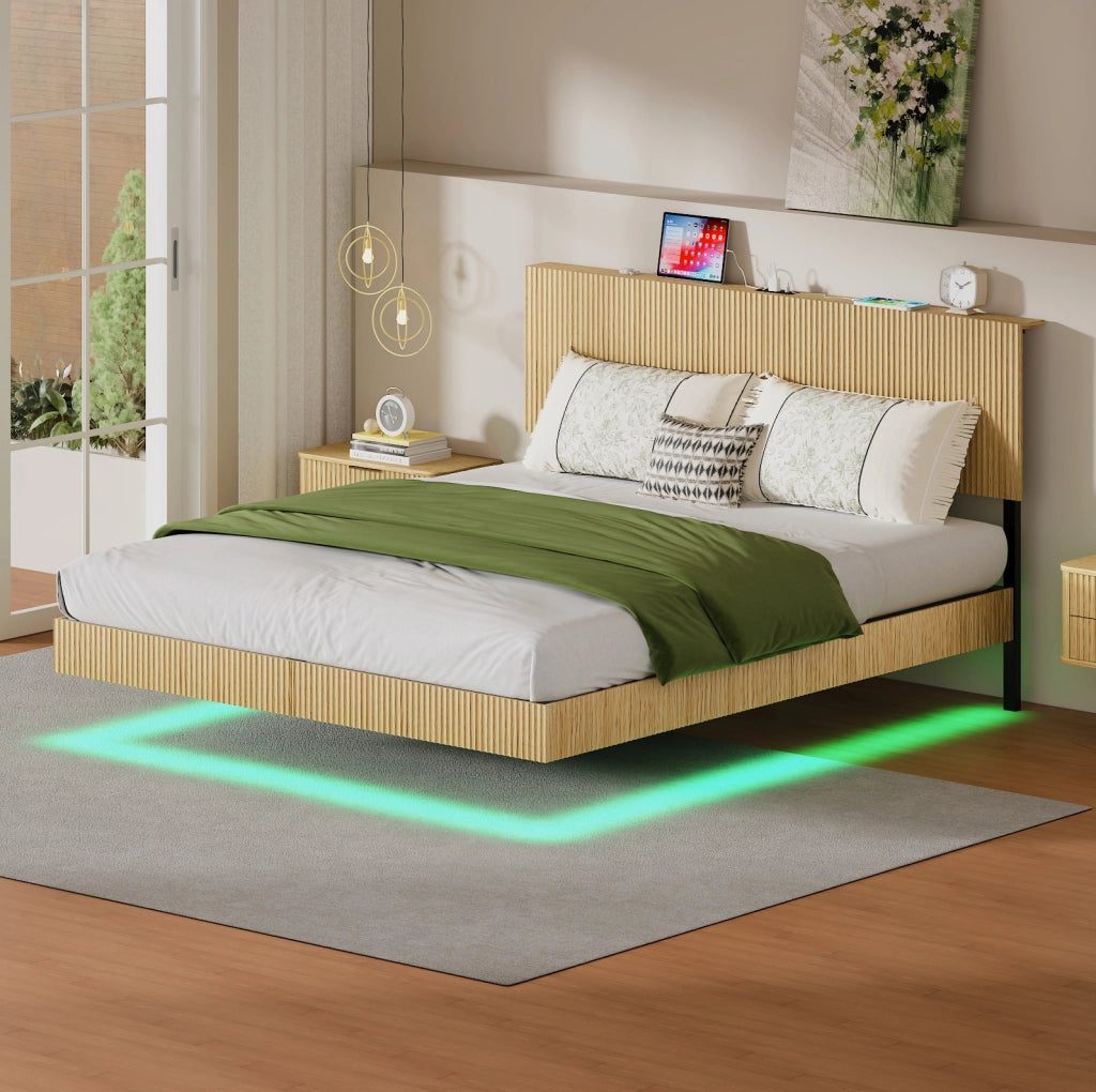 LETTO Fluttuante 210,5x184x99,7 cm Naturale con LED RGB e Presa