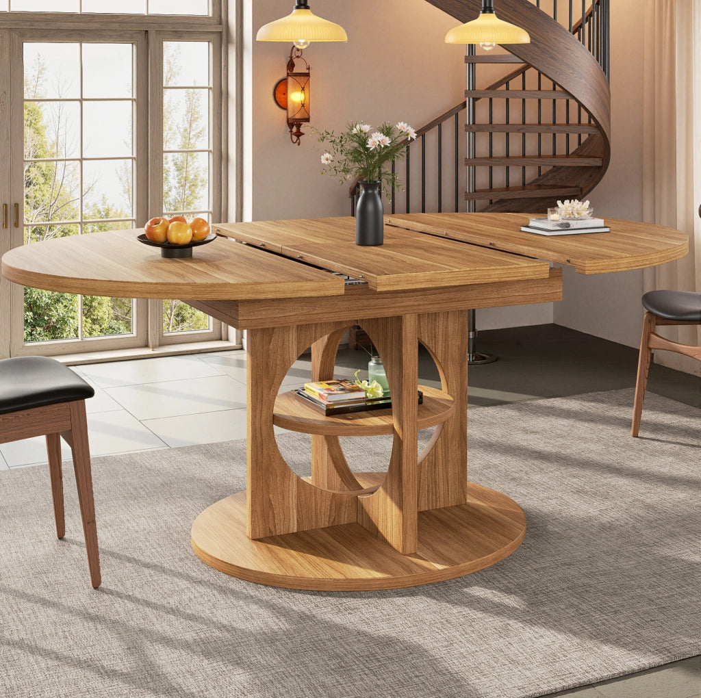 Tavolo da pranzo allungabile rotondo-ovale 110-150 cm con ripiano, effetto legno