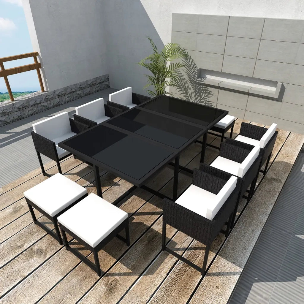 Set da Pranzo da Giardino 11 pz con Cuscini in Polyrattan Nero