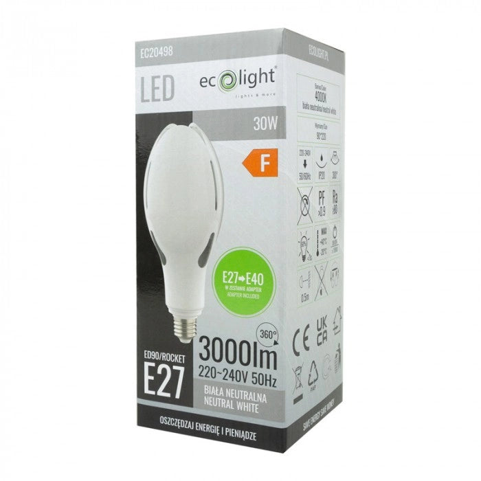 Ecolight lampadina LED 30W 3000lm 4000K E27/E40 adattatore