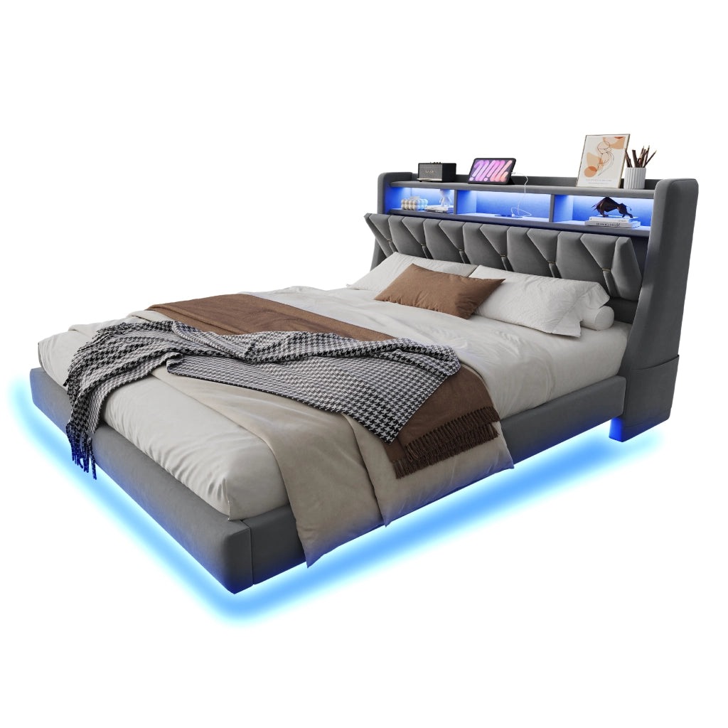 Letto Matrimoniale 180x200 cm; Testiera Ribaltabile con USB; Type-C e LED - Grigio