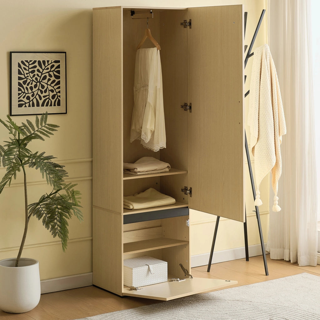 Armadio Guardaroba Stretto con Specchio e Asta Appendiabiti Estraibile in Metallo; Mobile Ingresso Salvaspazio in MDF; 54x34.5x179.5 cm; Colore Legno
