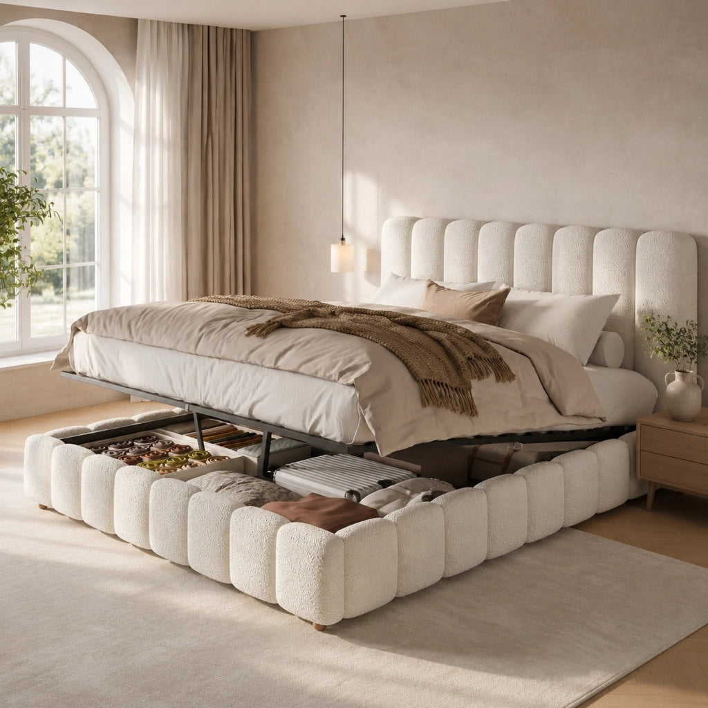 Letto 160x200 cm con contenitore idraulico, rete a doghe e rivestimento boucl¨¦ bianco