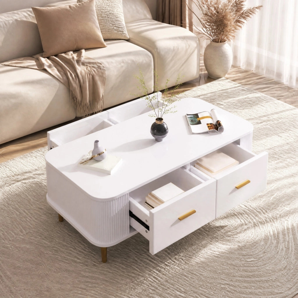 Tavolino da salotto moderno 105x51x38 cm in MDF bianco con 4 cassetti e dettagli oro