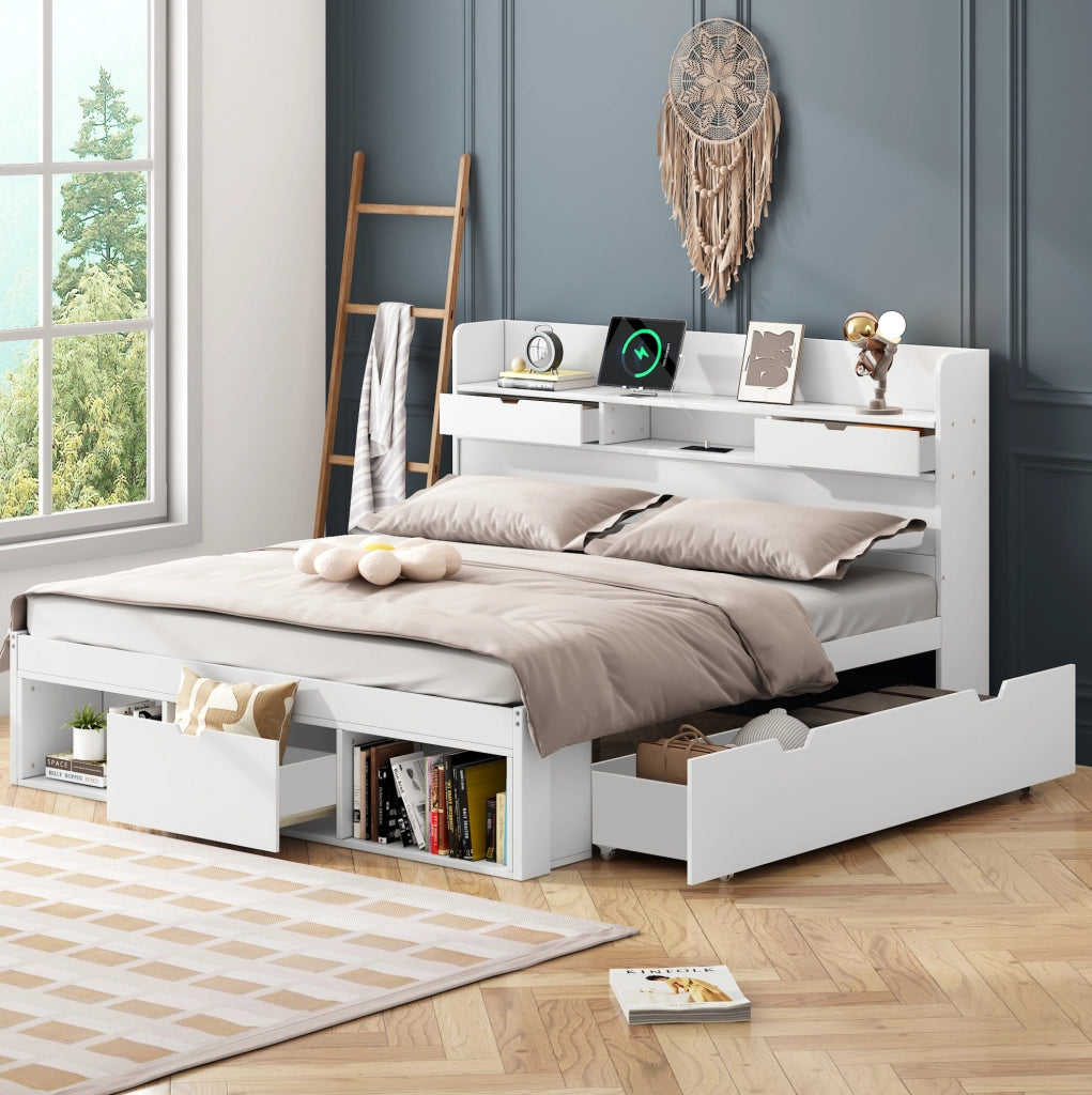 Letto matrimoniale 160x200 cm con porta USB, cassetti e armadietto, struttura in MDF e compensato, capacità fino a 200kg, bianco, senza materasso