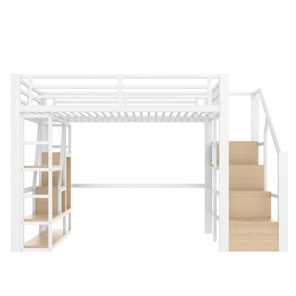 Letto a Soppalco 140x200 con LED ¨C Xylo ¨C Bianco, Metallo, Scaletta, Contenitore