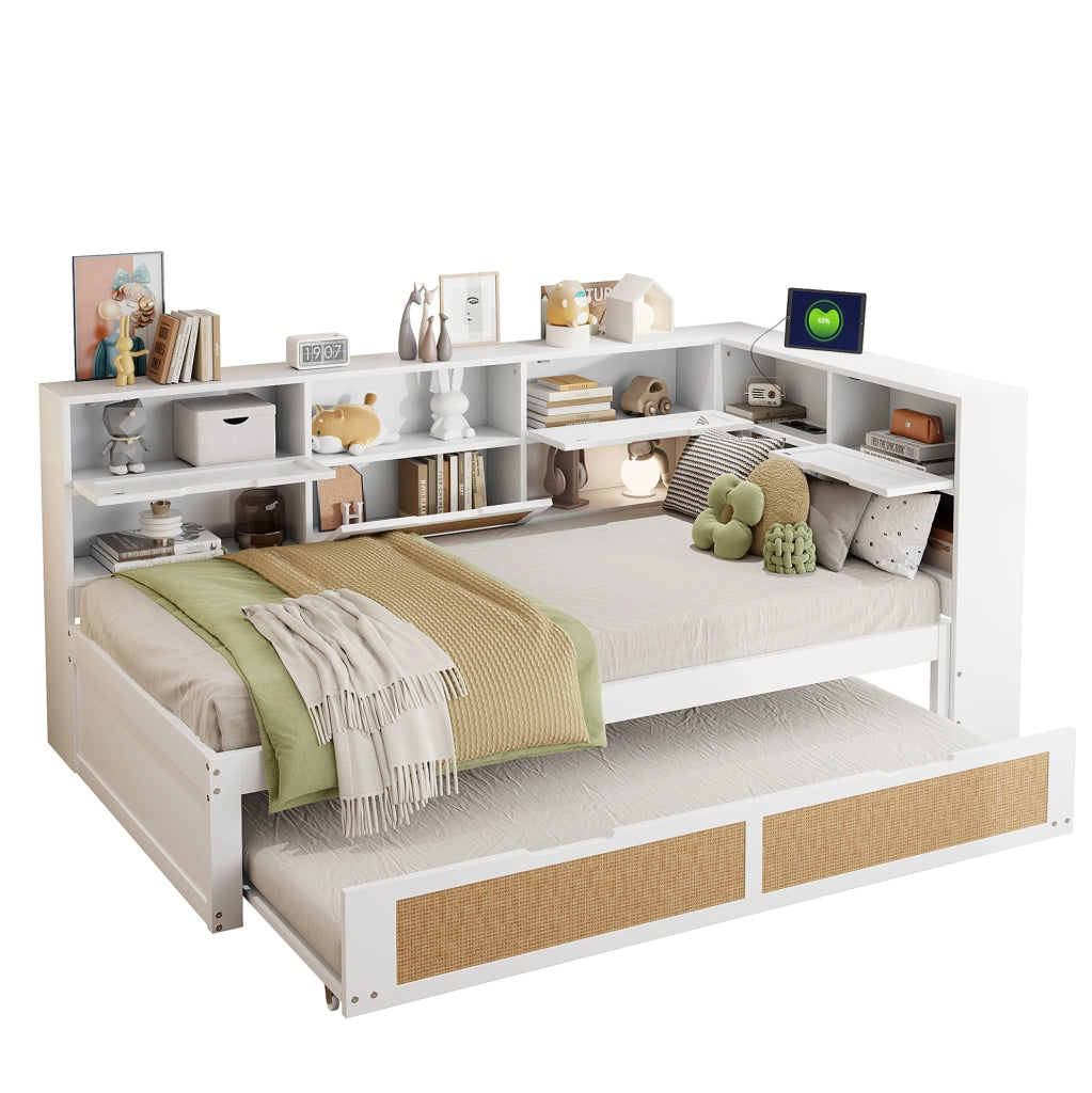Letto divano 90x200 cm con letto estraibile e prese di ricarica in legno bianco