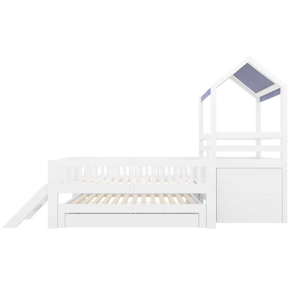 Letto per bambini a soppalco 90x200 cm con lettino estraibile 90x190 cm, struttura in legno massello bianco con scaletta laterale e cassettiera a 4 cassetti