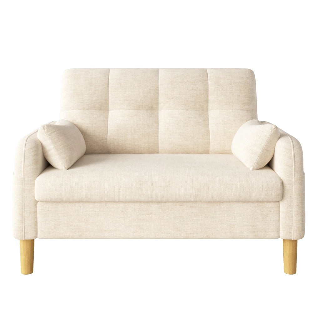 Divano a 2 posti moderno in tessuto chenille beige con cuscini e tasca laterale, 119x78x85 cm