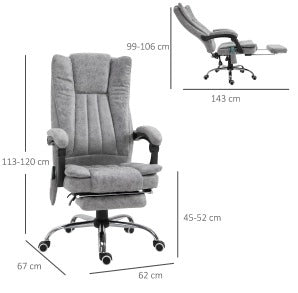 Poltrona da Ufficio con Funzione Massaggio e Riscaldamento, Poggiapiedi e Recliner Regolabile 62x67x113-120 cm Grigia