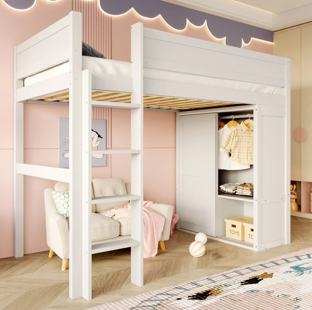 Letto a soppalco 90x200 cm con armadio e vano portaoggetti; pino e MDF; bianco