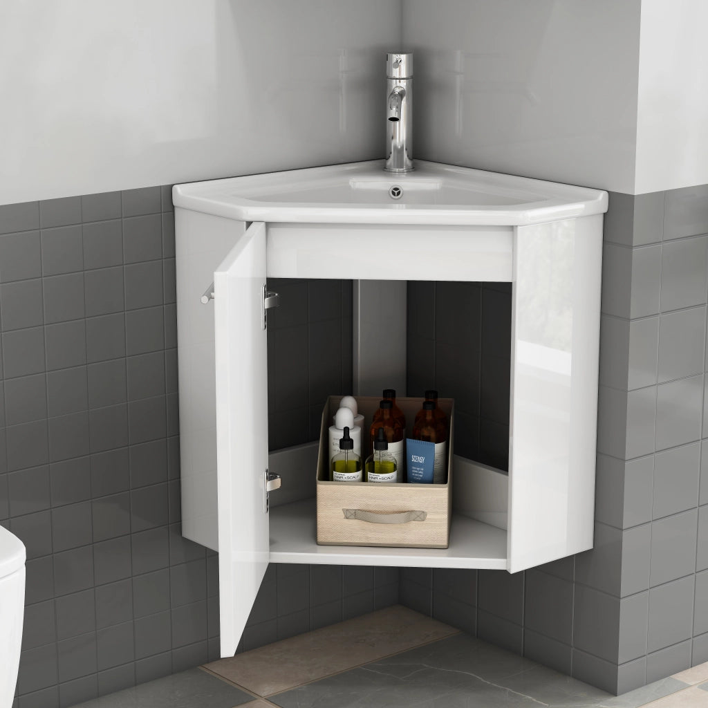 Mobile angolo bagno bianco lucido con lavabo in ceramica e paraschizzi, maniglie in metallo, cerniere ammortizzate, preassemblato