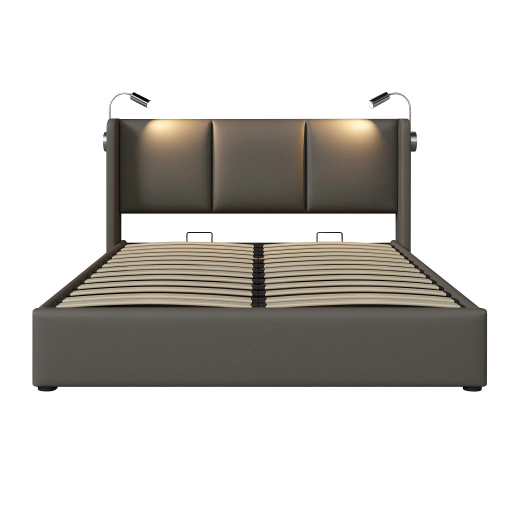 Letto imbottito contenitore 160x200 cm con luce da lettura e USB; materasso incluso; grigio