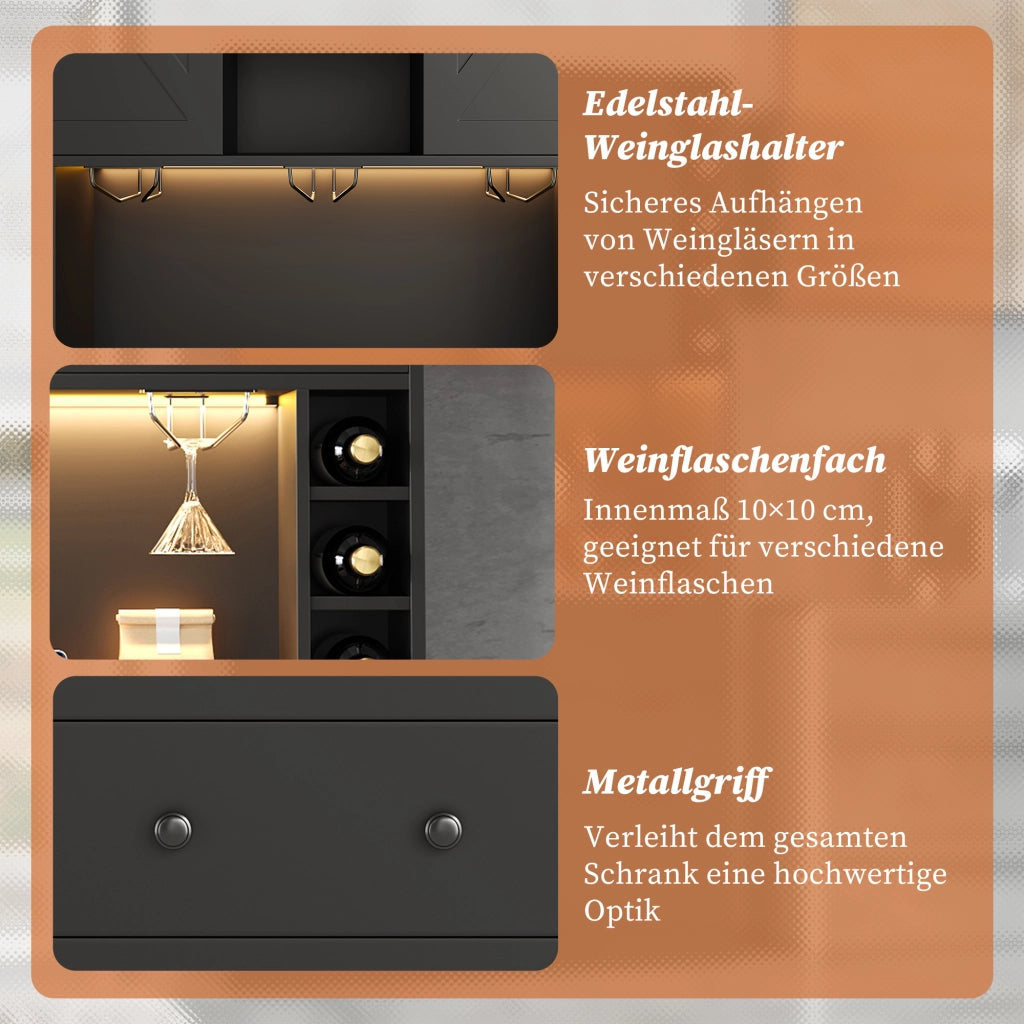 Mobile colonna da cucina con ripiani regolabili cassetto portabottiglie LED e prese nero 105 × 40 × 180 cm