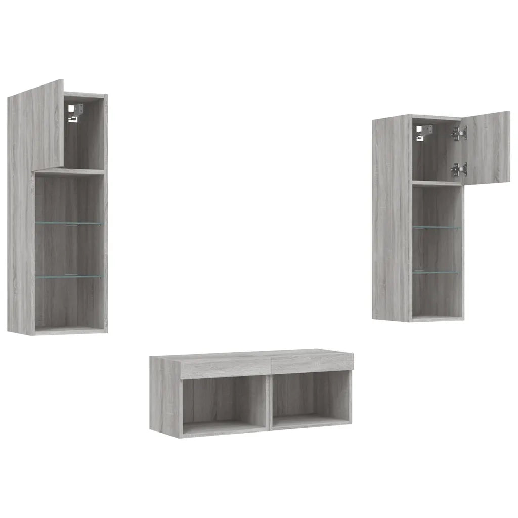 Mobili TV a Muro 4 pz-Credenza per TV con Luci LED Grigio Sonoma 529161