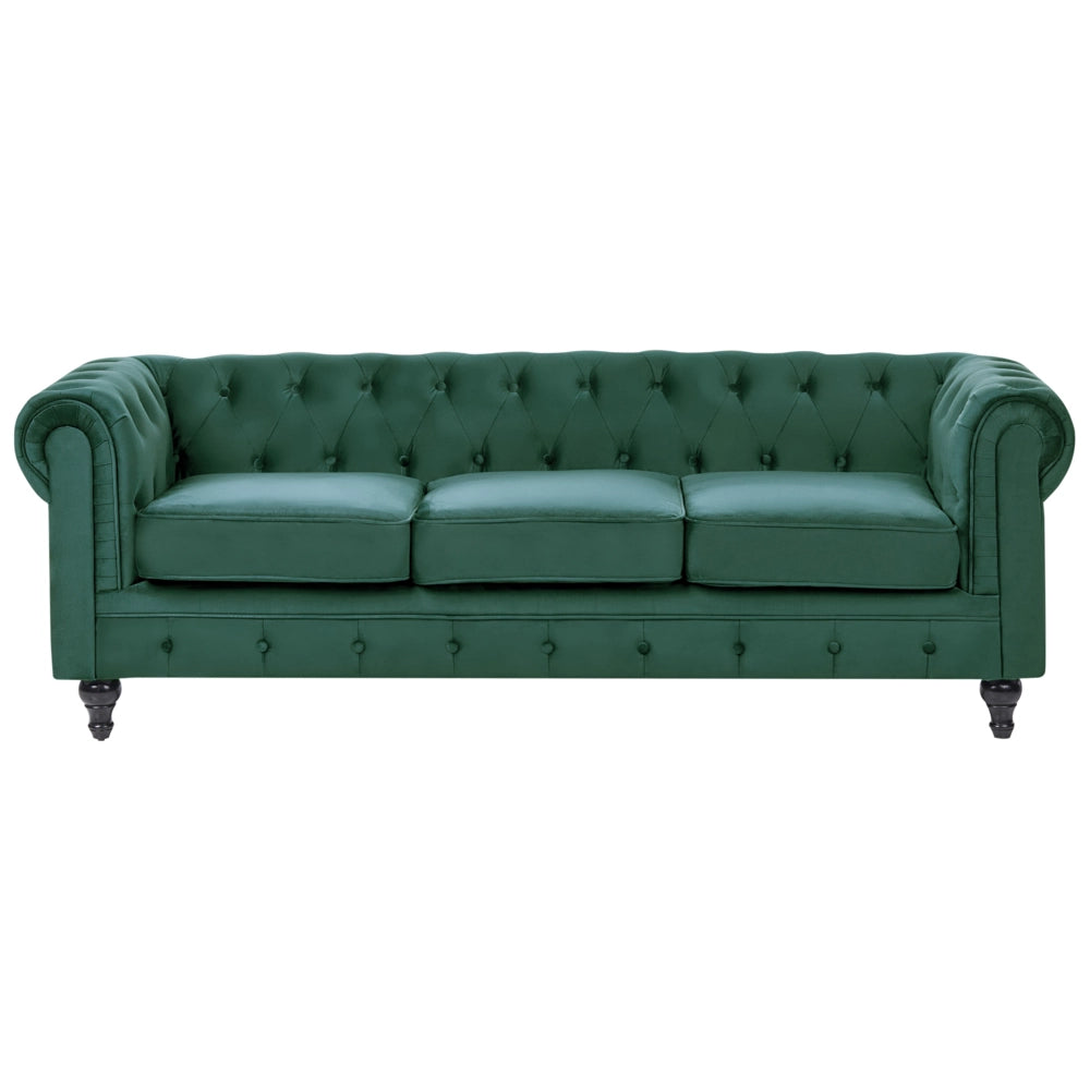 Set da soggiorno Chesterfield rivestimento in tessuto di velluto verde gambe in legno scuro divano a 3 posti + poltrona contemporanea