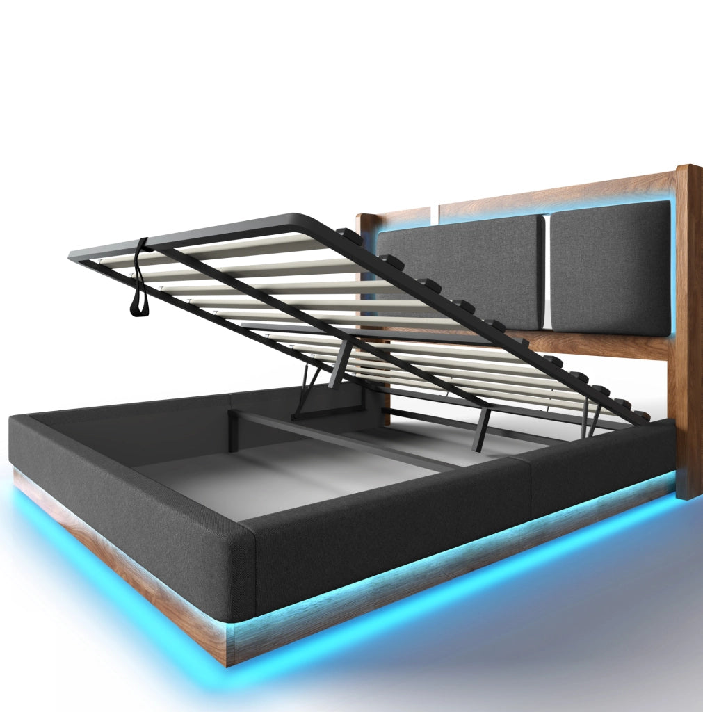 Letto imbottito 160x200 cm con LED e contenitore, rivestimento in lino grigio e dettagli noce