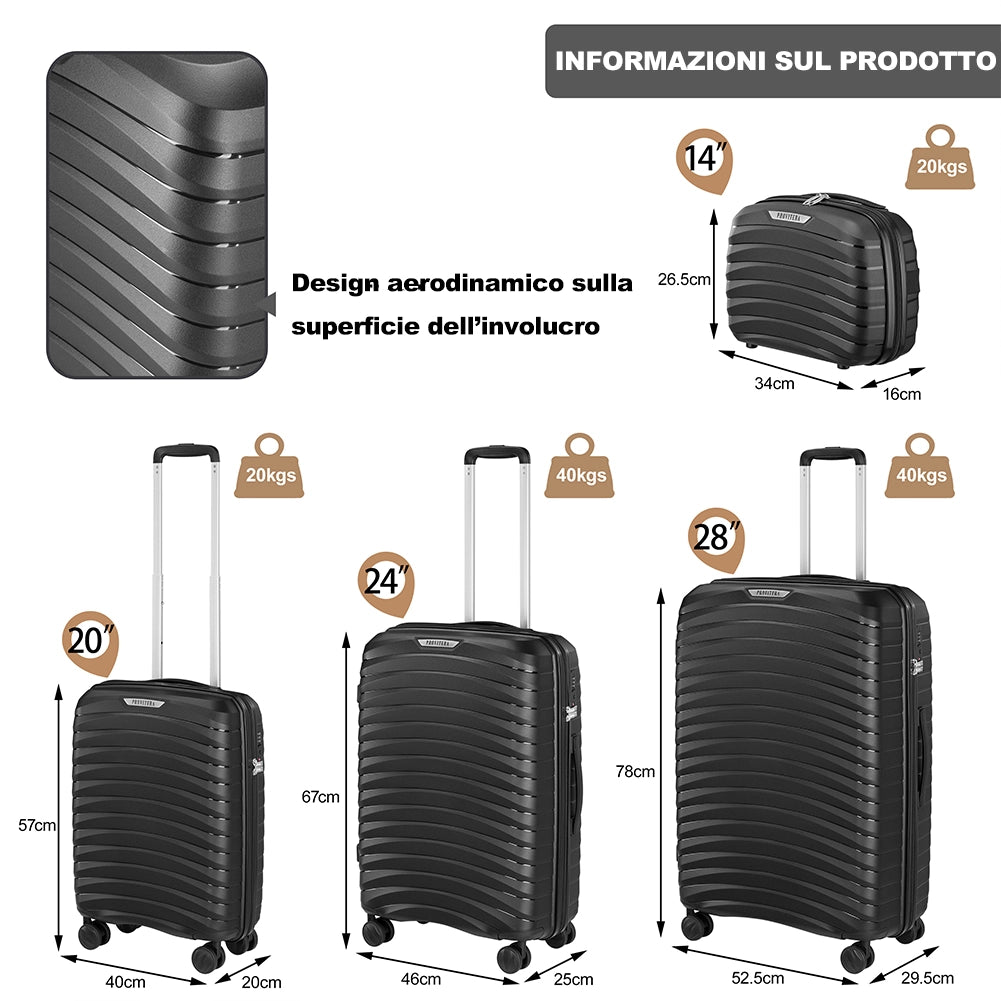 Set 4 Valigie Rigide Abs e PP con Beauty Case, Trolley 4 Ruote, Lucchetto Nero
