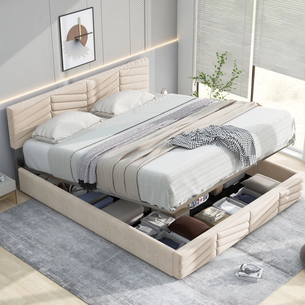 Letto imbottito 140x200 cm in velluto beige con rete a doghe e testiera regolabile