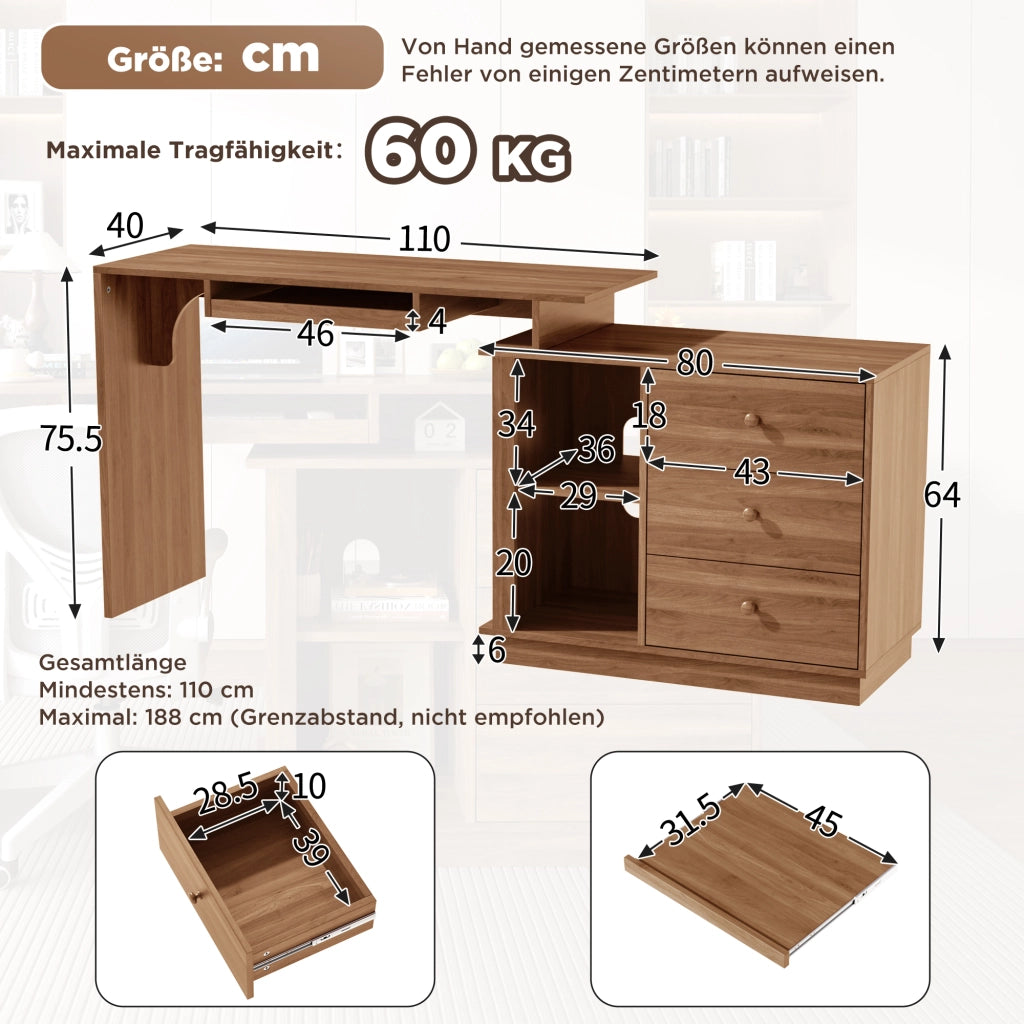 Scrivania dritta con piano estraibile; ripiano per tastiera e 3 cassetti in MDF color noce 110 × 40 × 75.5 cm