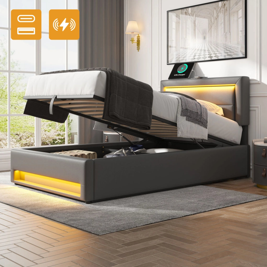 Letto imbottito con LED; ricarica USB e wireless; vano contenitore; PU grigio; per materasso 90x190 cm