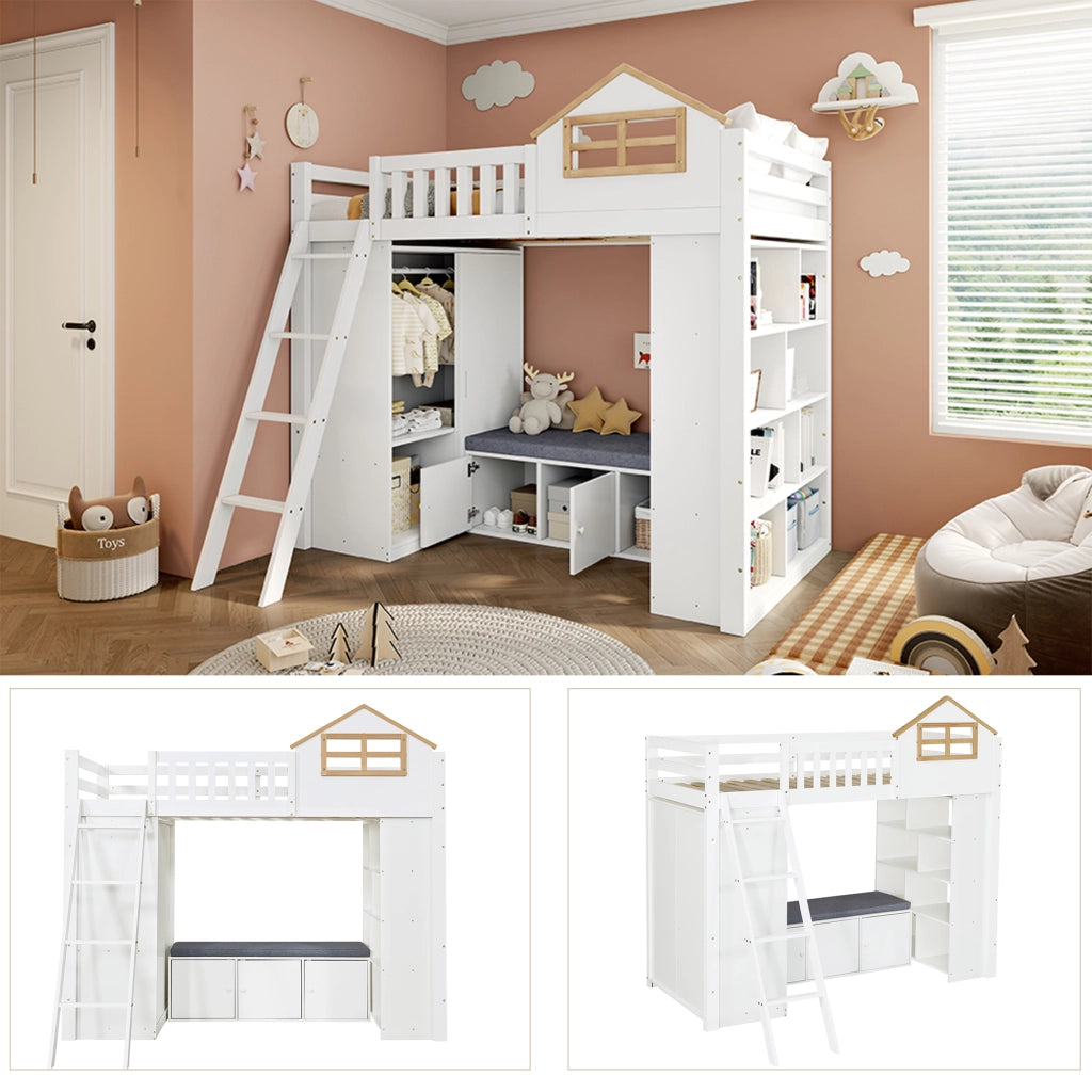 Letto a soppalco per bambini 90 × 200 cm con armadio scaffali panca contenitore in legno bianco e naturale