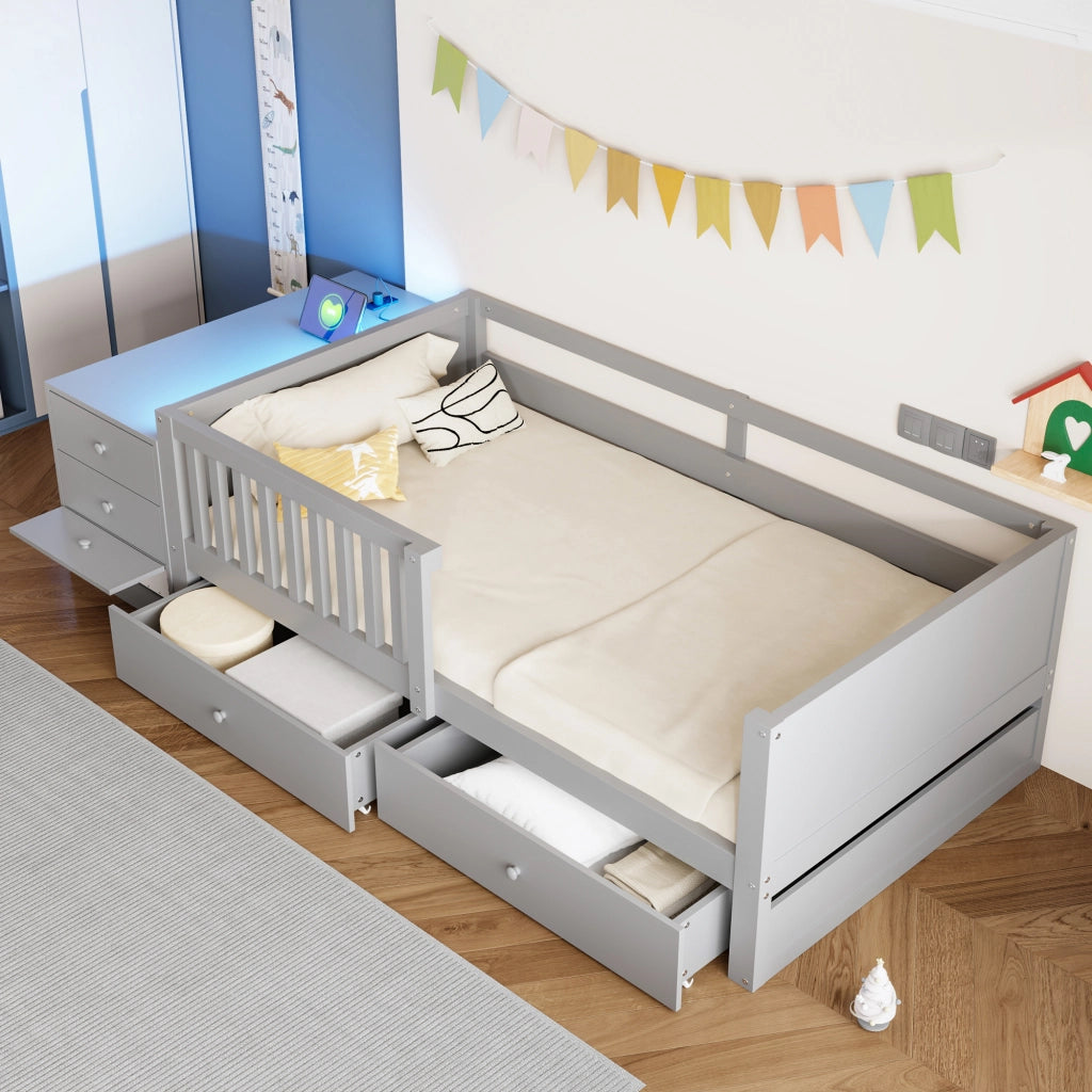 Letto per Bambini 90x200 cm Grigio con Cassetti; Contenitore; LED e Presa Integrata