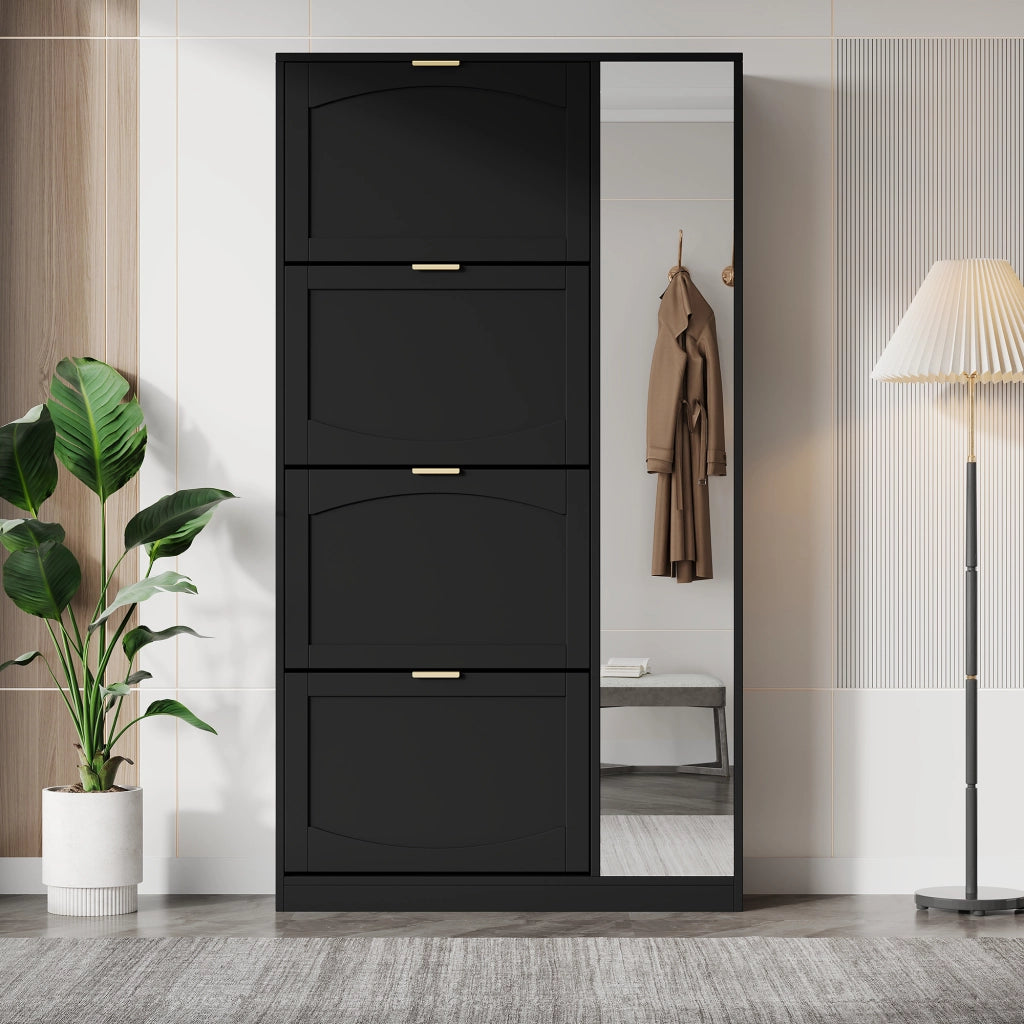 Scarpiera con specchio, 4 vani estraibili e ripiani regolabili, per ingresso, in truciolare nero, 80 × 24 × 147 cm