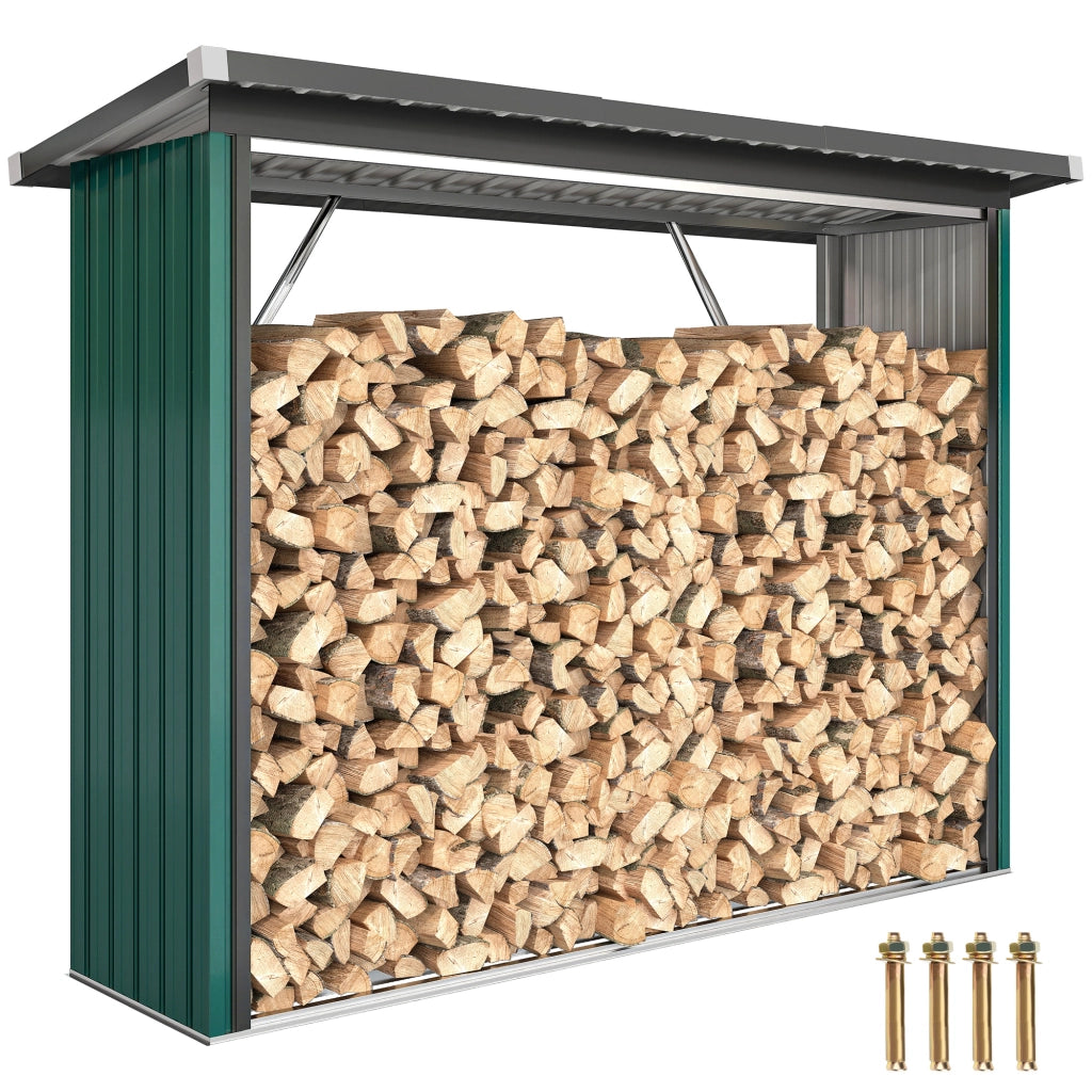 Casetta per Legna in Acciaio Galvanizzato con Base Elevata e Tetto Inclinato ¨C zephmum ¨C Verde 213x66,5x150 cm