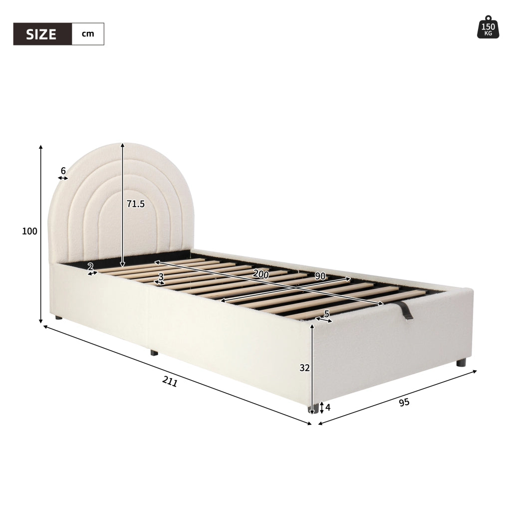 Letto singolo imbottito con contenitore idraulico 90x200 cm in tessuto bouclé beige