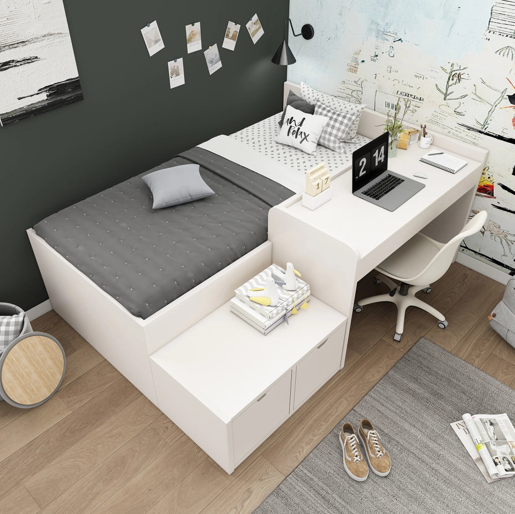 Letto singolo bimbi 90x200 bianco in legno e MDF con scrivania e cassetti， senza materasso