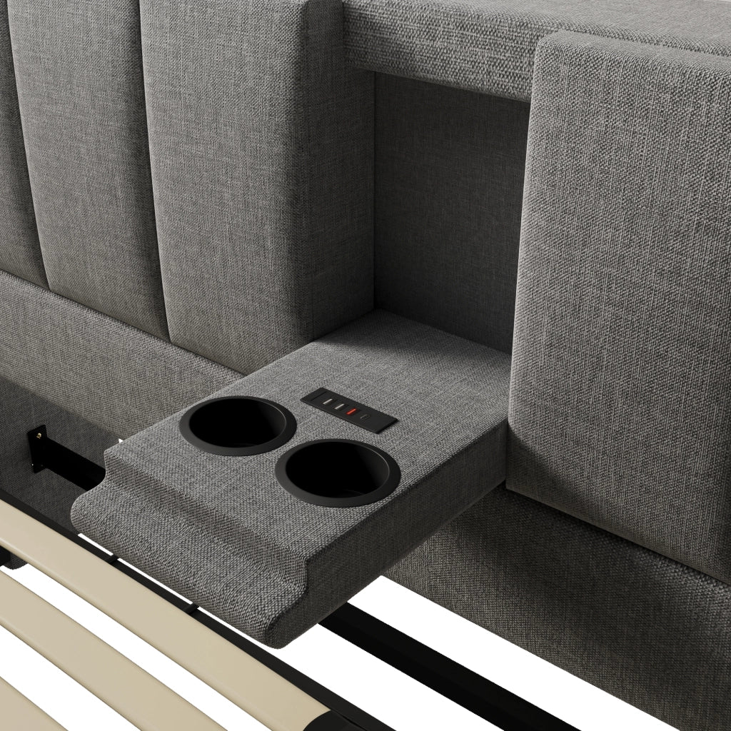 Letto contenitore imbottito 160x200 cm con USB; Type-C e portabicchieri a scomparsa; lino grigio