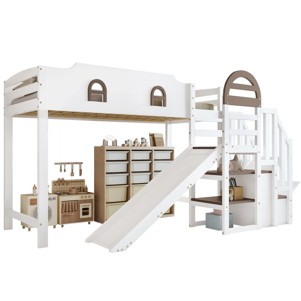 Letto a castello per bambini 90 × 200 cm 2 posti con scivolo, scala con 2 vani e finestre, senza materasso, bianco